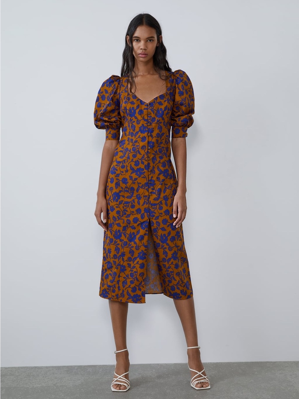 ZARA Printed Poplin Dress Balloon Sleeve Button Front Midi Dress Size Medium